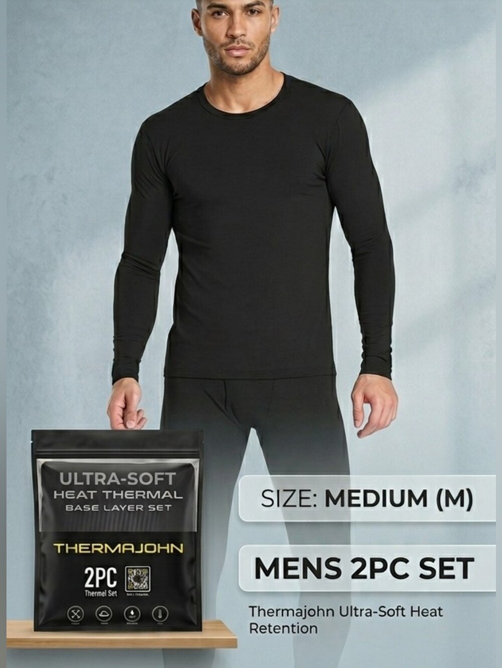 Thermajohn Men's Ultra Soft Thermal Base Layer Set NIP Black Long Johns - Size M